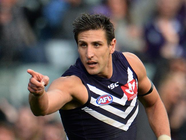 SPORT - AFL Round 14 Fremantle Dockers v Brisbane Lions, Domain Stadium, Perth. Photo by Daniel Wilkins. PICTURED - Fremantle's Matthew Pavlich celebrates a goal in the final term