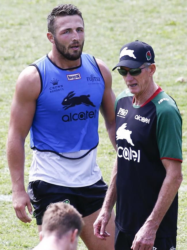 Burgess with new Souths coach Wayne Bennett, at a training session at Redfern Oval. Picture: Dylan Robinson