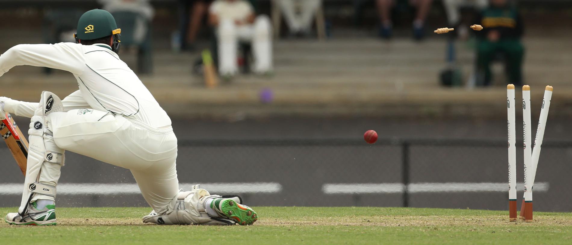 VSDCA - Bayswater’s Quentin Hodgkinson has his middle stump disturbed. Picture: Stuart Milligan