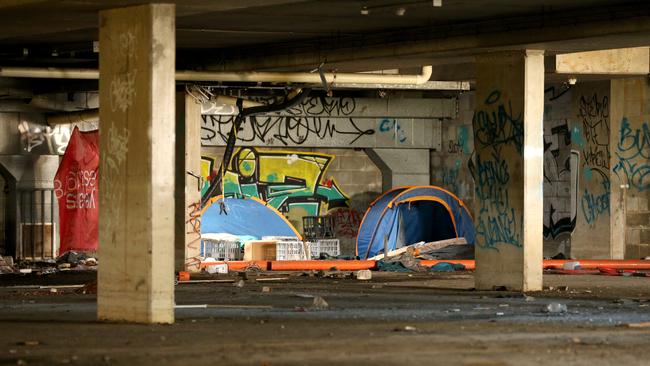 Homeless lair that is an old underground carpark in the basment of an abandoned building on corner of Markwell Ave and Gold coast high way. Picture Mike Batterham