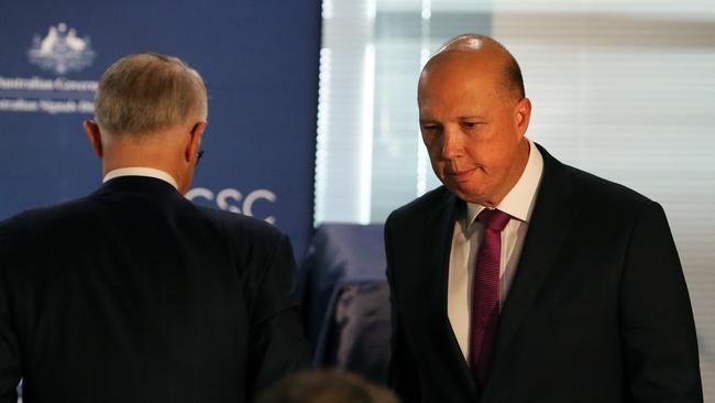 PM Malcolm Turnbull and Home Affairs Minister Peter Dutton at the Opening of the Australian Cyber Security Centre in Canberra. Picture Kym Smith