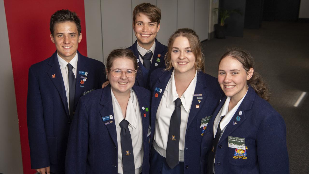 Toowoomba Christian College students at the 2021 Mayor and Councillors morning tea for Secondary School Captains and Leaders (from left) Nicholas Burke, Madeline Waterfall, Jonathon Jennings, Chloe Graf and Millicent O'Hagan. Picture: Nev Madsen