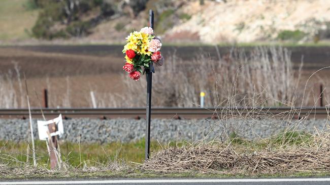 Tribute flowers along Trea Tree Rd where have been a number of road accidents. Picture: Zak Simmonds