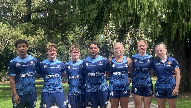 Western Clydesdales 2024 under-17 Queensland Country reps Joseph Litidamu, Braithen Scott, Brodie Hilt, Shaun Elara, Pypah Ferguson, Tayla Horrobin and Mia Byrnes. Litidamu (left) scored for the Clydesdales on Saturday.