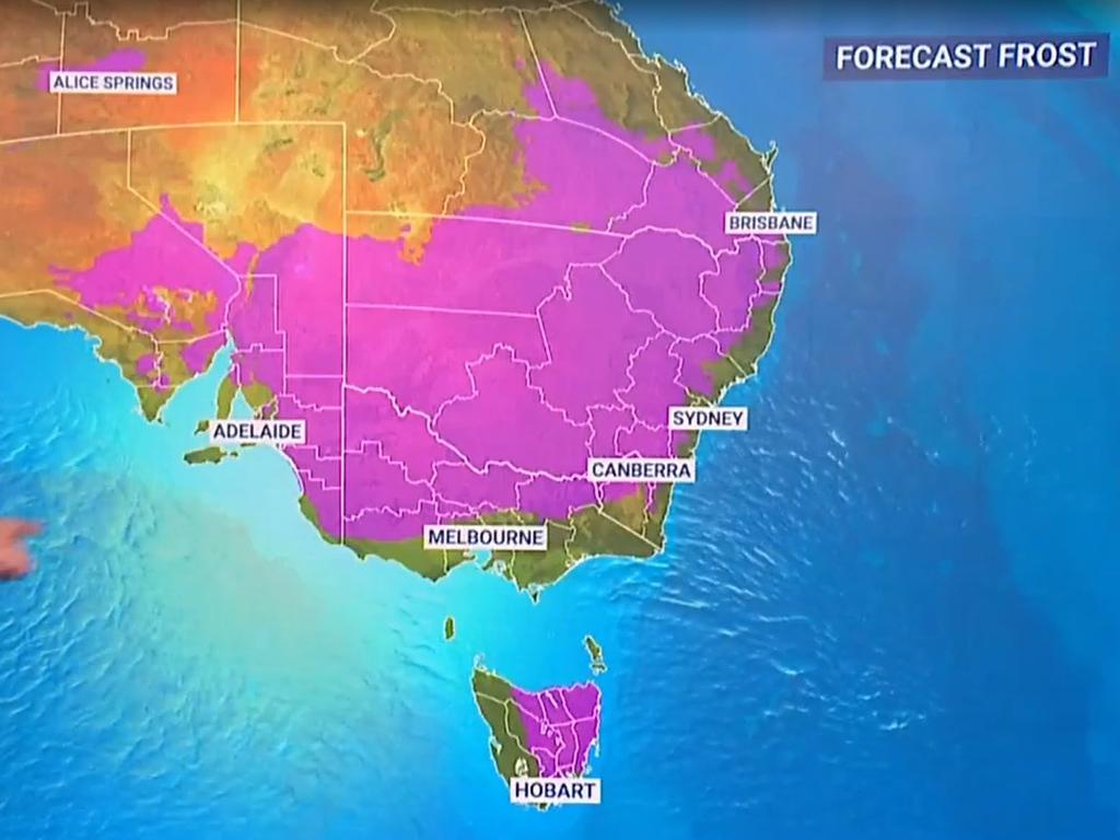 Large swathes of frost will send morning temperatures plunging across four states in Australia's south east.