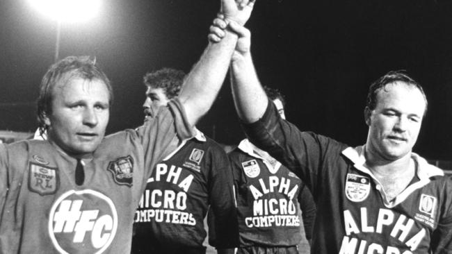 NSW halfback Peter Sterling and Queensland captain Wally Lewis after the Blues’ victory in the Origin exhibition match in Long Beach, California in 1987. Picture: Peter Kurnik