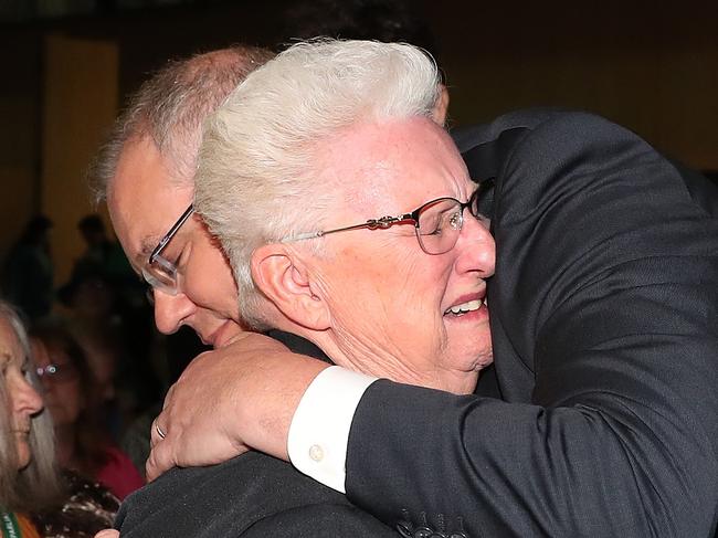 The Prime Minister Scott Morrison comforting survivor Pamella Vernon, holding a photo of her sister Yvonne Vernon.They are former residents of the Wesley Mission's Dalmar Children's Home, at the National Apology to Victims and Survivors of Institutional Child Sexual Abuse in the in the Great Hall in Parliament House in Canberra. Picture Kym Smith