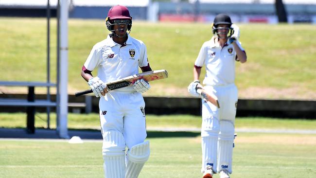 St Peters Lutheran College batsman take to the field IC First XI cricket between St Patrick's College and St Peters Lutheran College Saturday February 18, 2022. Picture, John Gass