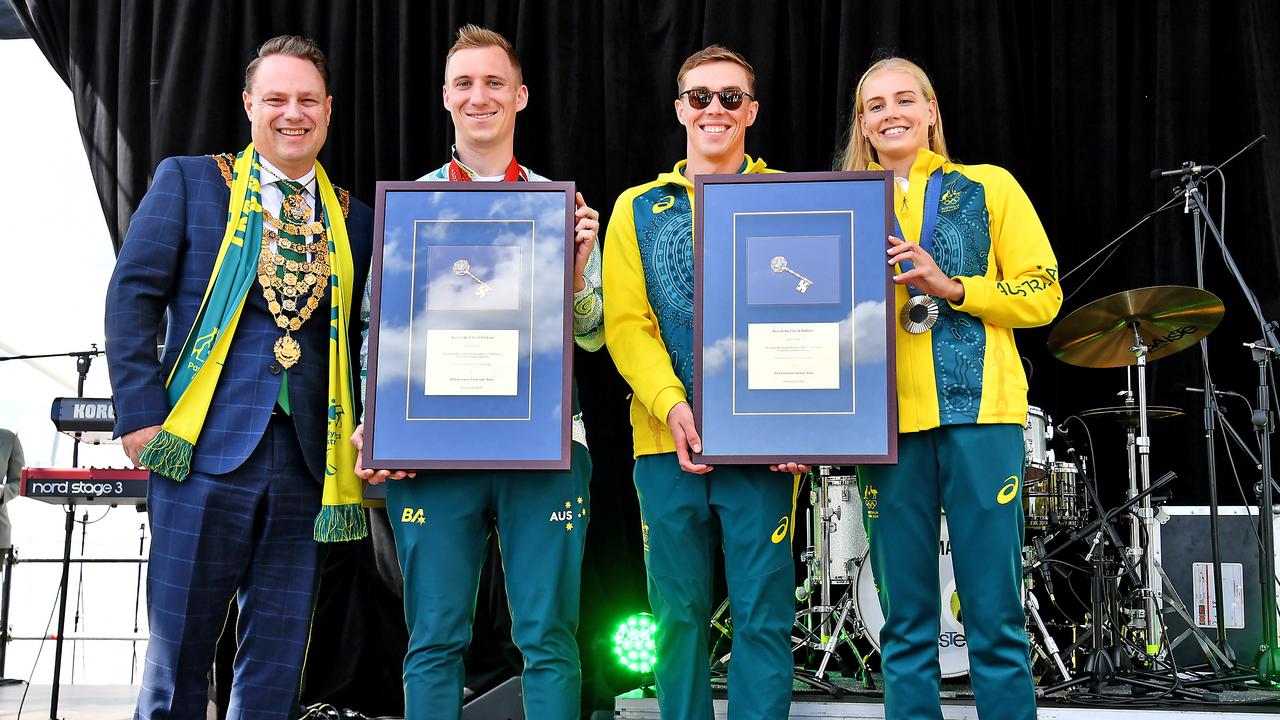 Lord Mayor Adrian Schrinner gives the keys to the city to the Paralympians Welcome Home Celebration for Queensland-based athletes who competed in the Paris 2024 Olympic and Paralympic Games. Picture: John Gass