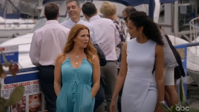 Poppy Montgomery and Melissa Bonne in a scene from Reef Break, shot at Fisherman's Wharf. Picture: YouTube / Rotten Tomatoes TV / ABC