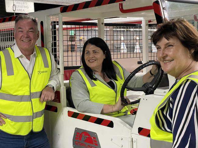 Minister for State Development and Infrastructure Grace Grace, Minister for Resources and Critical Minerals Scott Stewart and Assistant Minister for State Development and Infrastructure Julieanne Gilbert went to the Resource Centre of Excellence and toured their simulated underground environment. Photo: Fergus Gregg