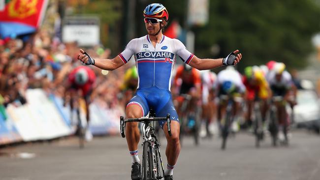 Peter Sagan celebrates winning the World Road Race Championship in Richmond, Virginia in 2015. Picture: Bryn Lennon/Getty Images