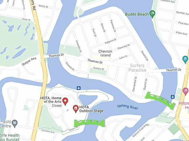 Location of two sites being considered for future green bridge links to HOTA on the Gold Coast.