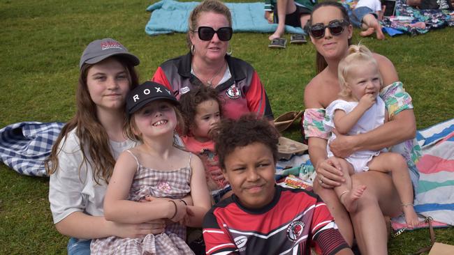 Michelle Young, Ocean Young, Rose Amira, Alba Amira, Madison Barns, Raven Young and Emerson Amira at the Sunshine Coast Rugby League Finals 2022.