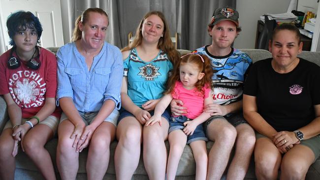 Extended family members Abby and Renee White, mother Alisa Jakavicius, Elora Bremen, father Liam Bremen and family matriarch Jo Costin who is Elora’s grandmother, at the family home in Ingham. Picture: Cameron Bates