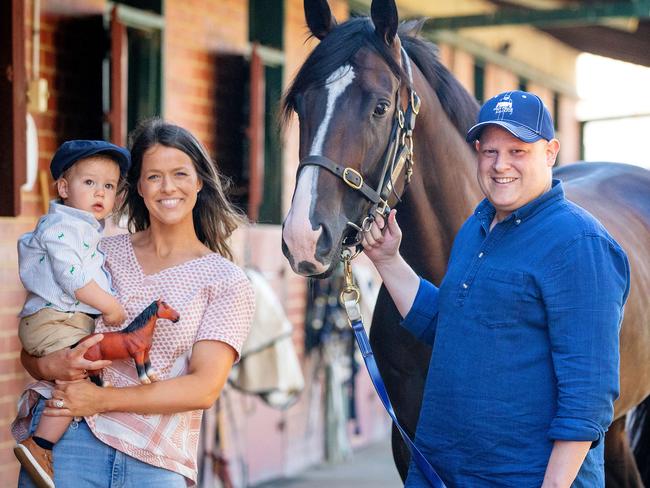 The All Star Mile Ambassadors are announced. Mick Price trained Grunt, with Jonathon Monasso with his wife Julia and 1 year old child Bruno. Picture: Mark Stewart