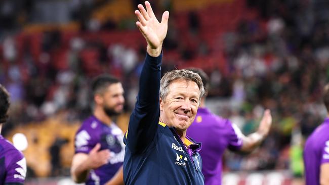 Storm coach Craig Bellamy acknowledges the crowd after victory. Picture: Bradley Kanaris/Getty Images