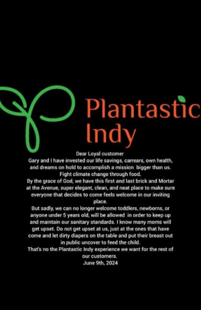 The vegan restaurant placed a ban on all breastfeeding mums and children under five. Picture: plantasticindy/Instagram