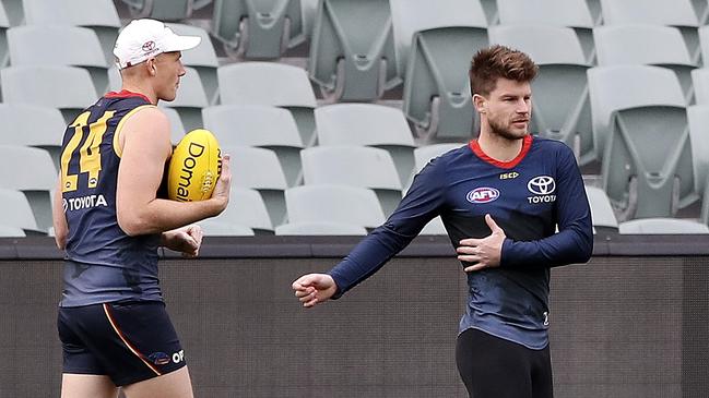 Adelaide’s Sam Jacobs and Bryce Gibbs at training. Picture: Sarah Reed