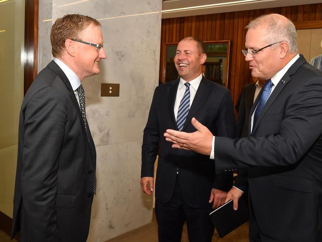 Prime Minister Scott Morrison and Treasurer Josh Frydenberg meet with the RBA Governor Philip Lowe at the Reserve Bank of Australia in Sydney, Wednesday, May, 22, 2019. (AAP Image/Dean Lewins) NO ARCHIVING