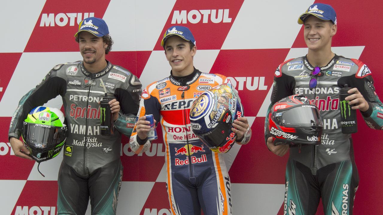 (L-R) Franco Morbidelli, Marc Marquez and Fabio Quartararo after qualifying in Motegi. Picture: Mirco Lazzari