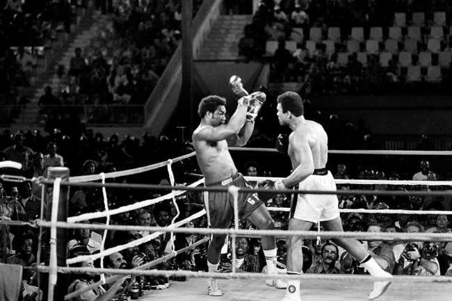 Muhammad Ali (R) goes toe to toe with George Foreman in the Rumble in the Jungle on October 30, 1974