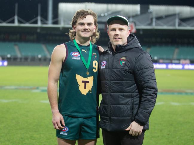 Harry Bayles with Tasmania coach Trent Baumeler. Picture: Linda Higginson