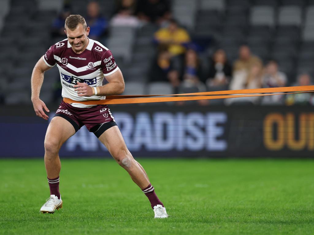 SYDNEY, AUSTRALIA - MAY 23: Tom Trbojevic of the Sea Eagles warms up ahead of the round 12 NRL match between Parramatta Eels and Manly Sea Eagles at CommBank Stadium on May 23, 2025 in Sydney, Australia. (Photo by Cameron Spencer/Getty Images)