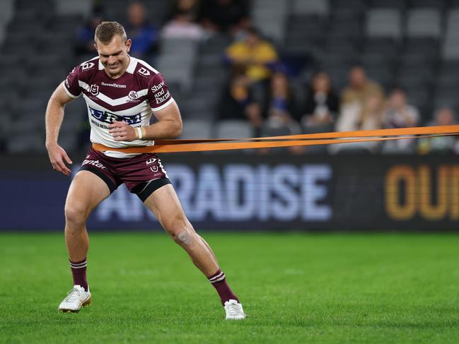 SYDNEY, AUSTRALIA - MAY 23: Tom Trbojevic of the Sea Eagles warms up ahead of the round 12 NRL match between Parramatta Eels and Manly Sea Eagles at CommBank Stadium on May 23, 2025 in Sydney, Australia. (Photo by Cameron Spencer/Getty Images)