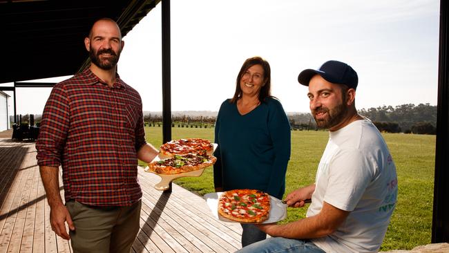 Tony and Annarita Mitolo with Ettore Bertonati reveal the “pizza pinsa” at Chalk Hill Collective. Picture: Matt Turner