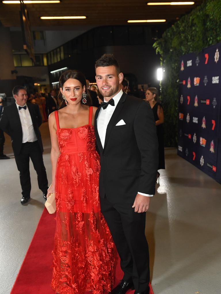 Mitch Grigg and Nicole Cocks on the red carpet ahead of the Magarey Medal presentation at Adelaide Oval.