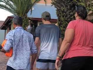 Mitchell Grimston (middle) was surrounded by family members when he was released on bail after facing charges of manslaughter at Lismore Local Court in May, 2019. Picture: Aisling Brennan