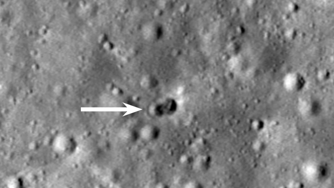 NASA’s Lunar Reconnaissance Orbiter captured this image of the double crater created by the space junk strike on March 4. Picture: NASA/Goddard/Arizona State University
