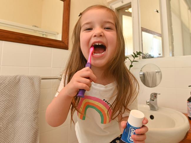 24/4/23. Ava, 3, brushing teeth at their home. For a story about the number of SA kids who need fillings or teeth removed. Tina is a dental hygienist and is very on top of making sure her children's teeth are brushed and they don't eat too much sugar etc.    Picture: Keryn Stevens