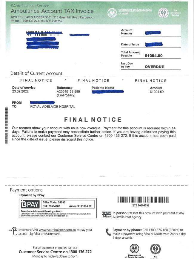 SA Ambulance Service Ambulance Account Tax Invoice.