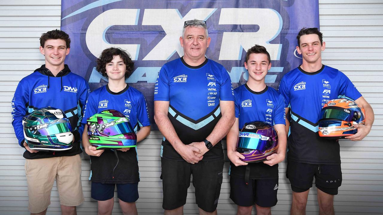 CXR Racing talent from left: Jace Matthews, Jye Flynn, manager Craig Matthews, Dominic Penman and Declan Matthews. Picture: Patrick Woods.