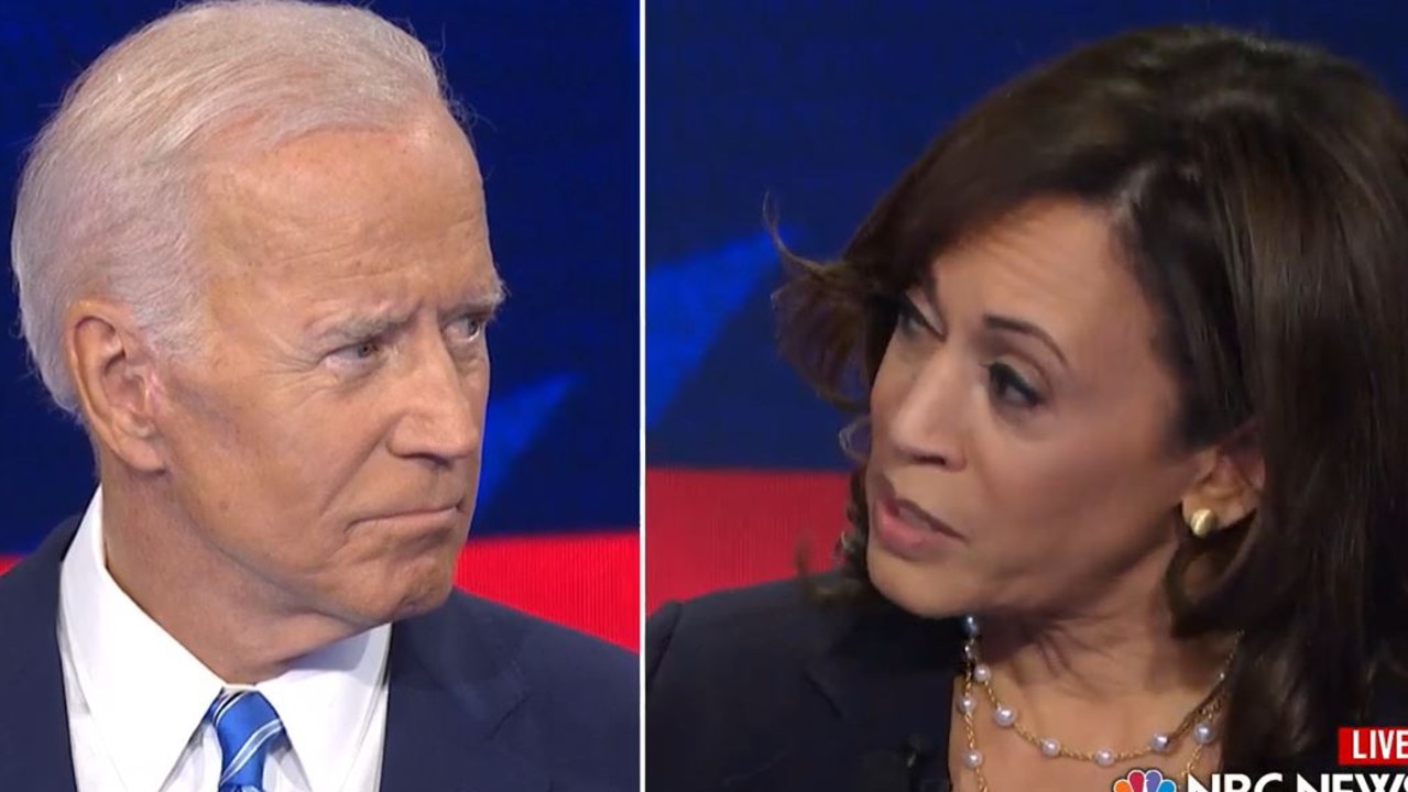 The moment Ms Harris said ‘that little girl was me’. Mr Biden, who had been looking away, immediately turned to face her. Picture: NBC News