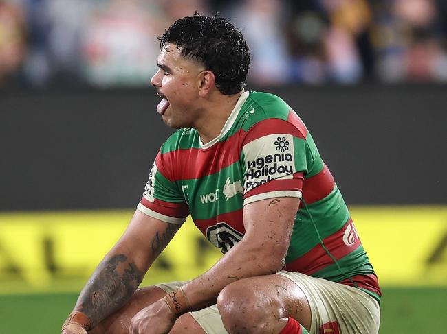 SYDNEY, AUSTRALIA - JULY 04: Latrell Mitchell of the Rabbitohs looks on at full-time during the round 18 NRL match between Parramatta Eels and South Sydney Rabbitohs at CommBank Stadium, on July 04, 2024, in Sydney, Australia. (Photo by Cameron Spencer/Getty Images)