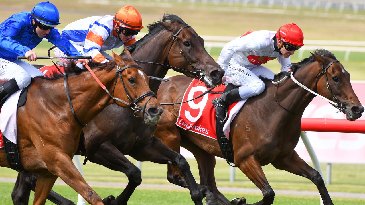 Teleplay (right) surged along the rail to win the Kevin Heffernan Stakes. Picture: AAP