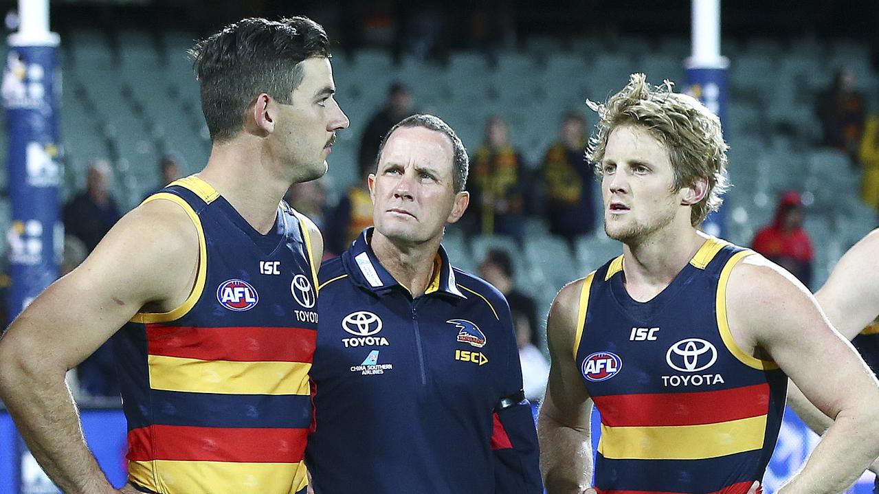 New co-captains Taylor Walker and Rory Sloane in discussion with coach Don Pyke. Picture Sarah Reed