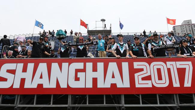 Port Adelaide fans at Jiangwan Stadium in Shanghai, China ahead of this year’s match. Picture: AAP Image/Tracey Nearmy