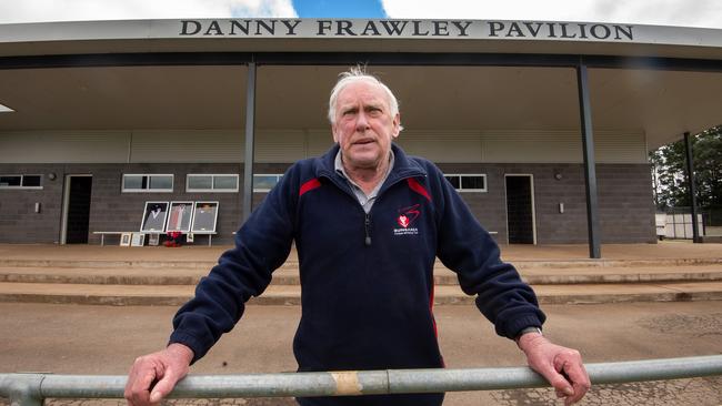 Club legend Jim O'Keefe showed Mark Robinson around the Bungaree Demons Football Club, where Danny played as a youngster. Picture Jay Town