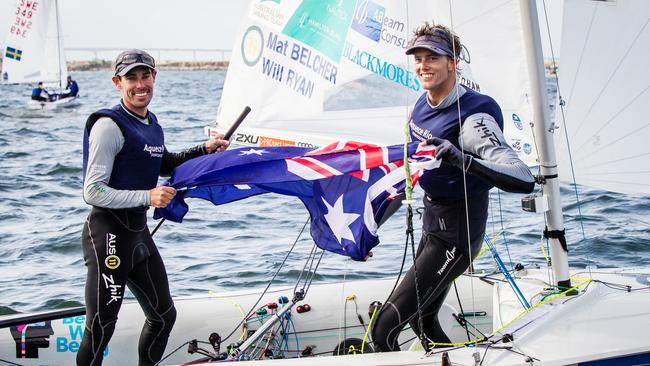 Mat Belcher, left, and Will Ryan, right, after winning the Rio Test event.