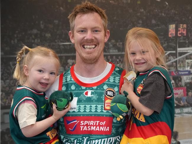 Devils AFL ambassador Jack Riewoldt and his daughters Hazel and Poppy are big JackJumpers fans.