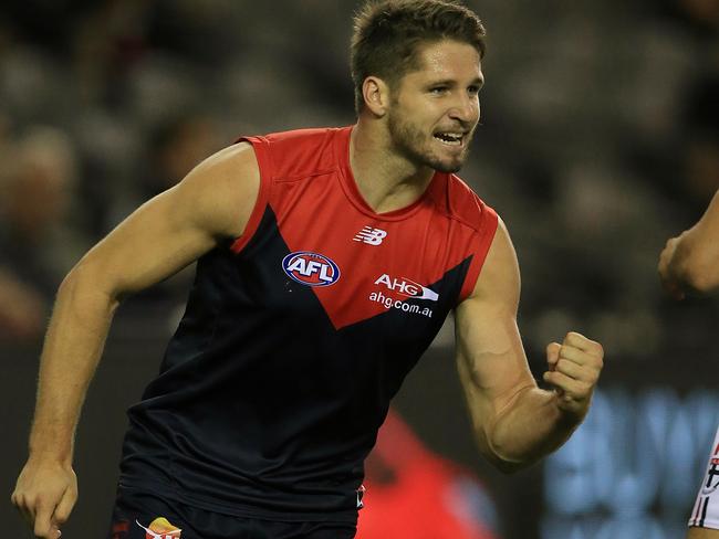 Jesse Hogan was outstanding for Melbourne in the loss to St Kilda. Picture: Wayne Ludbey
