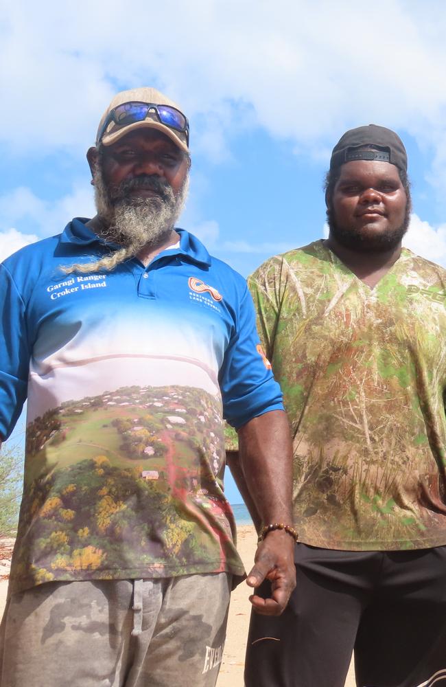 Clayton Chainsaw (left) and his son Sonny (right) were among the rangers who found the asylum seekers. Picture: Harry Brill.