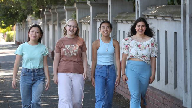 MLC students Sophie Chiew, Chloe Taylor, Irene Ma and Cassandra Stavrou celebrated their International Baccalaureate results earlier this year. Two of the four received perfect scores. Picture: NCA NewsWire/ David Crosling