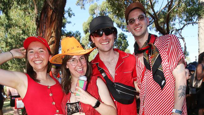 Eloise Hollins, Phoebe Hollins, Aiden Birney-Kilner and Nick Masterton. Revelers enjoyed 30 degree-plus weather for the Golden Plains Festival near Meredith on Saturday. Picture: Alan Barber