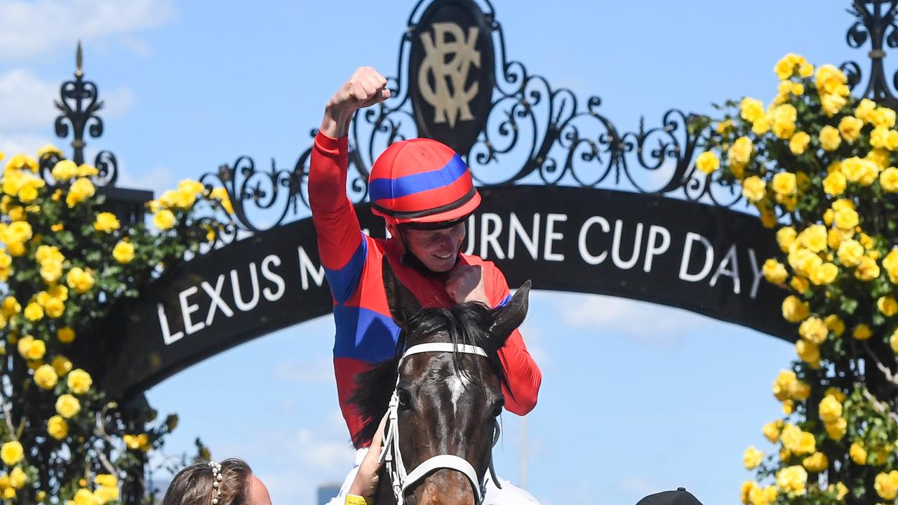 Verry Elleegant (NZ) ridden by James McDonald wins the Lexus Melbourne Cup at Flemington Racecourse on November 02, 2021 in Flemington, Australia. (Brett Holburt/Racing Photos via Getty Images)