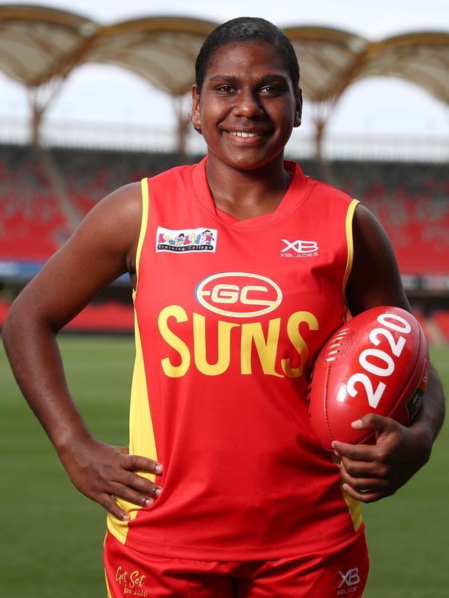 GOLD COAST, AUSTRALIA - FEBRUARY 08: Kitara Whap-Farrar poses during a Gold Coast Suns AFLW Media Opportunity on February 08, 2019 in Gold Coast, Australia. (Photo by Chris Hyde/Getty Images)